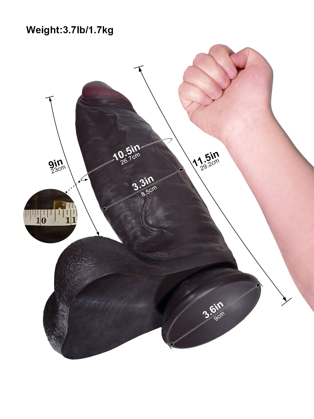 Hugo: 29,2 cm Grov Svart Dildo med 23 cm Insättbart och Hudtextur