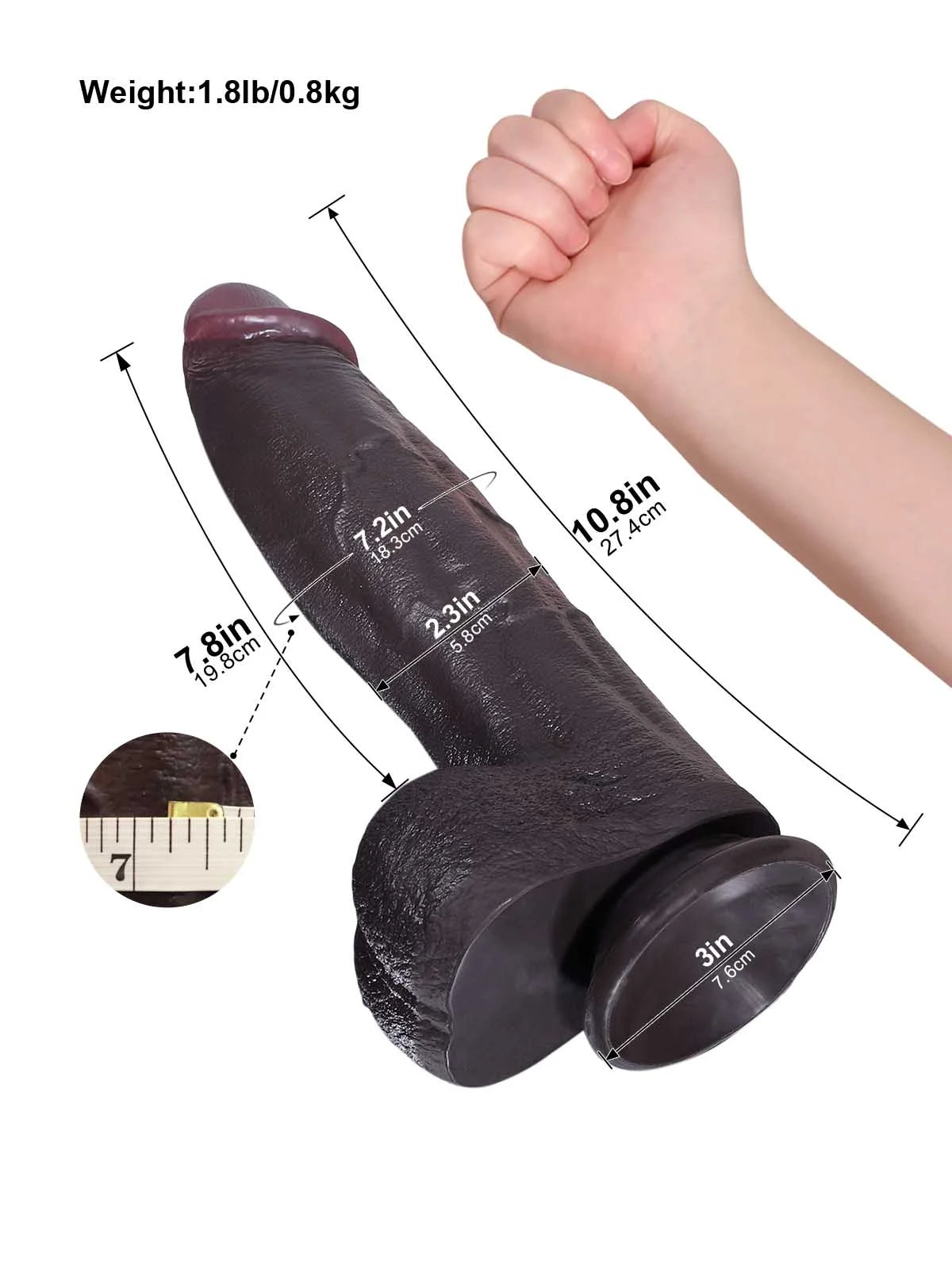 27,4 cm Grov Svart Dildo med Avsmalnande Topp och Bred Kropp